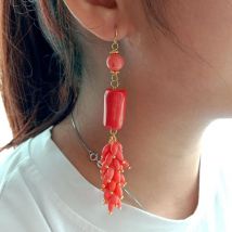 YYGEM Ethnic style 15x22MM barrel rice  Orange Coral Tube Gold color Plated Hook Earrings dangle earrings for women
