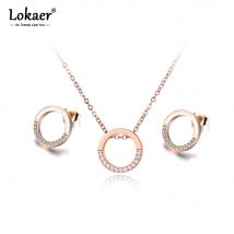 Lokaer Edelstahl Runde Kreis Mosaik Glänzende CZ Kristall Halskette Ohrringe Braut Sets Für Frauen Hochzeit Bands Schmuck SE026