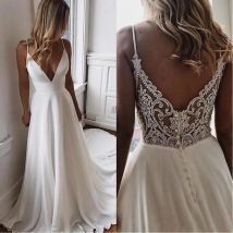 Moderne einfache A-Linie Chiffon Strand Brautkleider Spitze Boho Kleider Back Out Plunge V-Ausschnitt Perlen Braut 2023