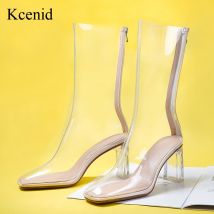 Kcenid Ins Heißer Design Neue Frauen Stiefeletten Hohe Qualität PVC Schuhe Karree Kristall Ferse