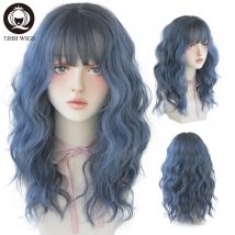 7JHH parrucche parrucca blu onda profonda con frangia per le donne parrucca sintetica per feste Cosplay resistente al calore a strati di capelli castani lunghi