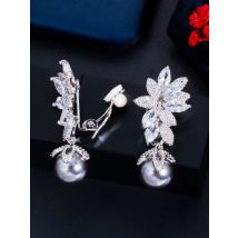 CWWZircons No Hole Design Cubic Zirconia Long Flower Gray Pearl Clip On Women Wedding Party Earrings without Piercing CZ898