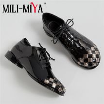 MILI-MIYA Fashion Mixed Color Round Toe Women Patent Leather Pumps Lace Up Comfortable Low Thick Heels Casual Shoes Size 34-40