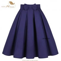 SISHION Women Solid Color Bow Cotton Navy Blue Skirt SS0012 50s 60s Hepburn High Waist Vintage Retro egirl Skater Pleated Skirt