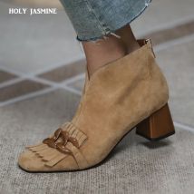 2025, Herbst-Damen-Stiefeletten aus Schaf-Wildleder mit Fransen, Reißverschluss, klobiger Absatz,