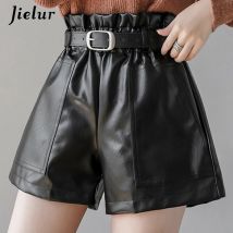 Jielur PU Herbst Winter Frauen Shorts Schlank Hohe Taille Einfarbig Shorts Frauen Chic Koreanische Gürtel Leder Kurze Hosen S-XL