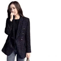 Winter Women Fashion Tweed Double Breasted Black Blazer Coat Vintage Long Sleeve Flap Pockets Female Outerwear Chic Suit Femme