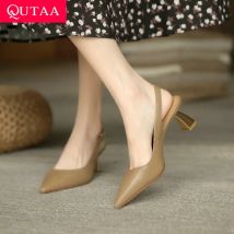 QUTAA 2021 Neue Sommer Spitz Frauen Schuhe Zurück Schnalle Starke Ferse Sandalen Aus Echtem Leder