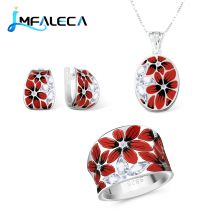 LMFALECA Silber 925 Schmuck Sets für Frauen Red Plum Blossom Blume Halskette Ohrringe Ring Set
