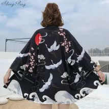 Japanische Yukata Kimono Sommer 2020 Top Japan Rot-Gekrönt Kran Haori Kimono Japones Exportiert Harajuku Kimono Boho Yukata Frauen V1866