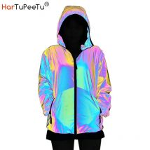 Frauen Herbst Mit Kapuze Reflektierende Jacke Regenbogen Mantel Hip Hop Rap Dance Zipper Weiche Stoff Mädchen Sicher Tragen Dropshipping