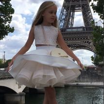 Two Pieces Cute Puffy Girl Princess Dresses Lace Satin Layers Tulle Kids Party Dress Lace Appliques Ball Gown Celebrity Dresses