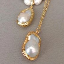 YYGEM 19'' Weiße Kultivierte Reis Perle Gold überzogene Kette aussage Halskette Weiß Keshi Perle Anhänger halskette