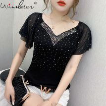 Sommer Mode Koreanische Kleidung T-Shirt Sexy V-ausschnitt Diamanten Baumwolle Frauen Tops Gekräuselte Ärmel Tees Alle Spiel 2022 Neue T07601