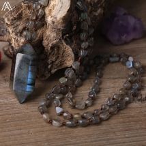 Natur Labradorit Stein Doppel Punkt Anhänger Labradorit Stein Unregelmäßigen Chip Perlen Schnur Verknotet Mala Yoga Halskette Schmuck