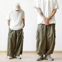 Multi-Pocket Oversized Cargo Pants Mens Casual Solid Thin Baggy Wide Leg Ankle Trousers Man Jogger Pants Harem Lantern Pants