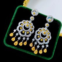 Foydjew New Luxury Simulation High Carbon Diamond Asscher Cut Yellow Diamond Tassel Drop Earrings Women's Bohemian Style Jewelry