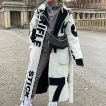 Women Long Double Sided Print Tweed Coat Autumn Winter Elegant Lapel Lace-up Fashion Cardigan Jacket Long Sleeve Loose Outerwear