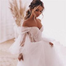 Fee Boho Brautkleider Abnehmbare Lange Puff Sleeve Braut Kleid Vintage Spitze Strand Hochzeit