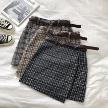 Korean Unregelmäßigen Dame Rock Weibliche Herbst Süße Hohe Taille A-line Mini Rock Vintage Casual Frauen Plaid Rock Chic Schärpen
