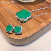 Charms Square Emerald Gemstone Pendant Necklace Stud Earrings for Women Vintage Party Wedding Jewelry Sets Female Gift Wholesale