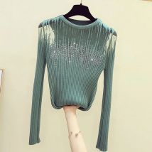 Diamanten dünne Strick pullover Frauen Langarm aushöhlen Pullover 2023 Herbst Frau Kleidung o Hals schlanke Pullover Tops weiblich