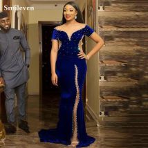 Smileven Royal Blue Velvet Mermaid Abendkleider Kurzarm Side Split Party Kleider Kaftan Arabisch Prom Kleider Nach Maß