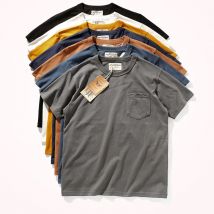 2025 Summer New Pocket T-shirt Men's Short-sleeved Retro Solid Color Simple Round Neck Heavy Weight Washed Old Bottoming Tops