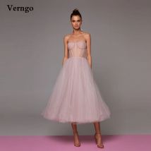 Verngo Rosa Lavendel Blau Tüll Short Prom Kleider 2021 Transparent Korsett Bustier Tee Länge Midi