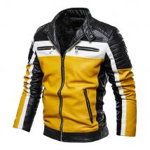 Männer Gelb Leder Jacke Patchwork Biker Jacke Männer Casual Zipper Mantel Männer Motorrad Jacke Slim Fit Pelz Gefüttert Outwear Mantel