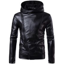 COLDKER PU Faux Leder Jacke Männer Biker Jacke Leder Jacke Männlichen Motorrad Jacke LEDER HAUBE schwarz M-4XL