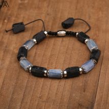 Natürliche blaue Kyanit schwarze Turmalin Nugget Chip Perlen Schnur geknotet handgemachte verstellbare Armband Schmuck für Frauen N0376AMAI