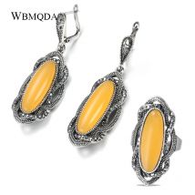 Wbmqda Heißer Boho Gelb Stein Ohrring Ring Sets Für Frauen Tibetischen Silber AAA Grau Kristall Große Oval Ohrring Vintage-Schmuck