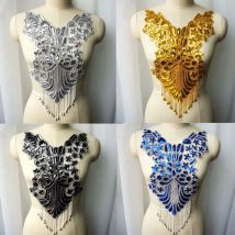 Gold Silber Blau Pailletten Spitze Stoff Perlen Quaste Hochzeitskleid Applikationen Verträumter Kragen Stickerei Nähen Patch Für Kleid DIY Dekor