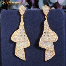 CWWZircons Geometrische Funkelnden Phantasie Weiß Zirkonia Big Lange Tropfen Ohrringe für Frauen Dubai Gold Farbe Braut Schmuck CZ803