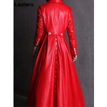 Lautaro Autumn Long Skirted Red Black Faux Leather Trench Coat for Women Double Breasted Elegant Luxury Fashion 4xl 5xl 6xl 7xl