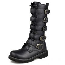 Große Größe 38-46 Herren PU Leder Motorradstiefel Mittelkalb Atmungsaktive Kampfstiefel Gothic