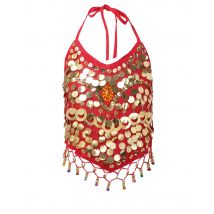 Children Belly Dance Clothing Kid Girls Sleeveless Lace-up Halter Backless Sequins Bells Tassel Decor Crop Top For Belly Dancing