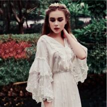 Weiß Spitze Kleid Frauen Kleid Frühling Sommer Vintage Elegante Schlanke Stickerei Spitze Kleid V-ausschnitt Beiläufige Lose Maxi Kleider Kleidung