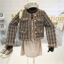 Women Tweed Blazers Short Plaids Jacket Women Autumn Elegant Buttons Suits Coat OL Fringed Cardigan Single-Breasted Crop Tops