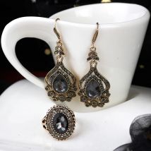 Sunspicems Luxury Gray Crystal Bridal Earring Ring For Women Antique Gold Color Bohemia Wedding Jewelry Sets Turkish Birdal Gift