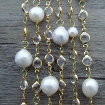 YYGEM  69'' Natural White Round Freshwater Pearl white Crystal pave gold plated Chain Necklace