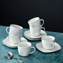 MALACASA-Serie Elisa, juego de 6 tazas y platillos de porcelana de cerámica China, color blanco marfil, servicio de tazas de café y té