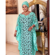 Houseofsd New Fashion 2024 African Style Lace Fabrics Abaya Dresses For Women Elegant Embroidery Green Gown With Inner +Turban