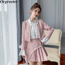 Herbst neue Tweed zweiteilige Set Frauen kurze Perlen Jacke Plissee A-Linie Rock Plaid elegante Temperament Chic Set