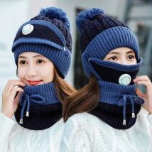 2020 neue 3 Stück Set frauen Gestrickte Mütze Schal Kappen Hals Wärmer Winter Hut Für Damen Mädchen Skullies Beanies warme Fleece Kappen