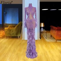 Illusion Lila Glitter Abendkleider Meerjungfrau Arabisch Langen Ärmeln Formal Robe De Soiree Sexy Frauen Prom Kleider Party Kleider