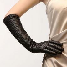 Damenhandschuhe, handgewebt, modisch, schwarz, lange Lederhandschuhe, echtes Leder, Schaffellhandschuhe, Tanzparty, L108NN-1