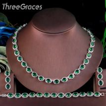 ThreeGraces 3pcs High Quality Green Cubic Zirconia Classic Silver Color African Women Wedding Party Costume Jewelry Sets TZ562