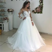 Maßgeschneiderte Illusion Scoop Langarm Brautkleider Spitzenapplikationen Sheer Back Weißes Tüll